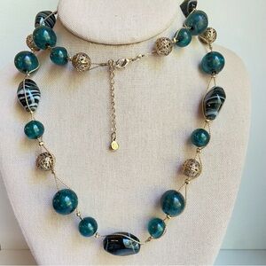 Liz Claiborne green swirled glass bead necklace with acrylic beads and filigree